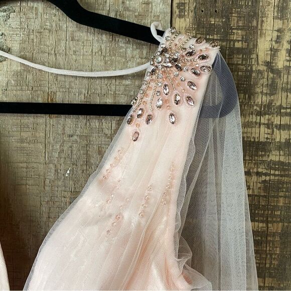 Mac Duggal blush Tulle Sheer Long Sleeve Cut Out Lace Up A Line Gown dress NWT 4 - Picture 10 of 16